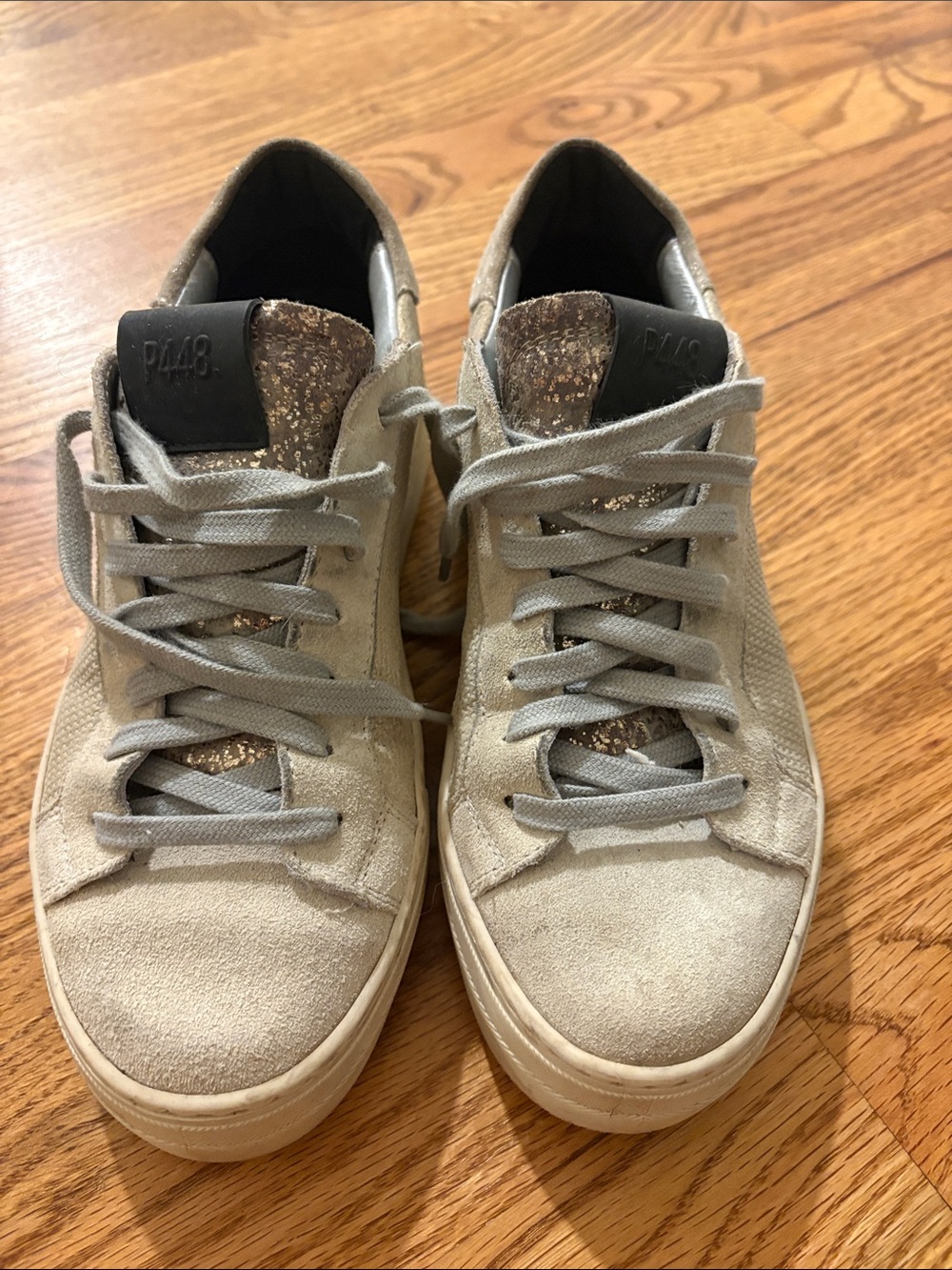 P448 Women's Taupe Suede Low-Top Sneakers with Metallic Gold Tongue